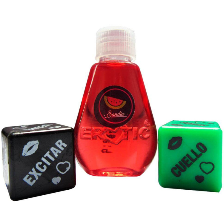 Kit Lubricante Erotic Sensation Oil 14ml + DADOS Sandía