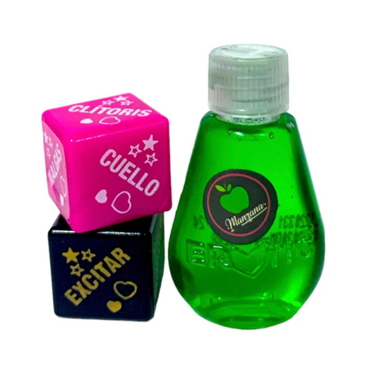 Kit Lubricante Erotic Sensation Oil 14ml + DADOS Manzana